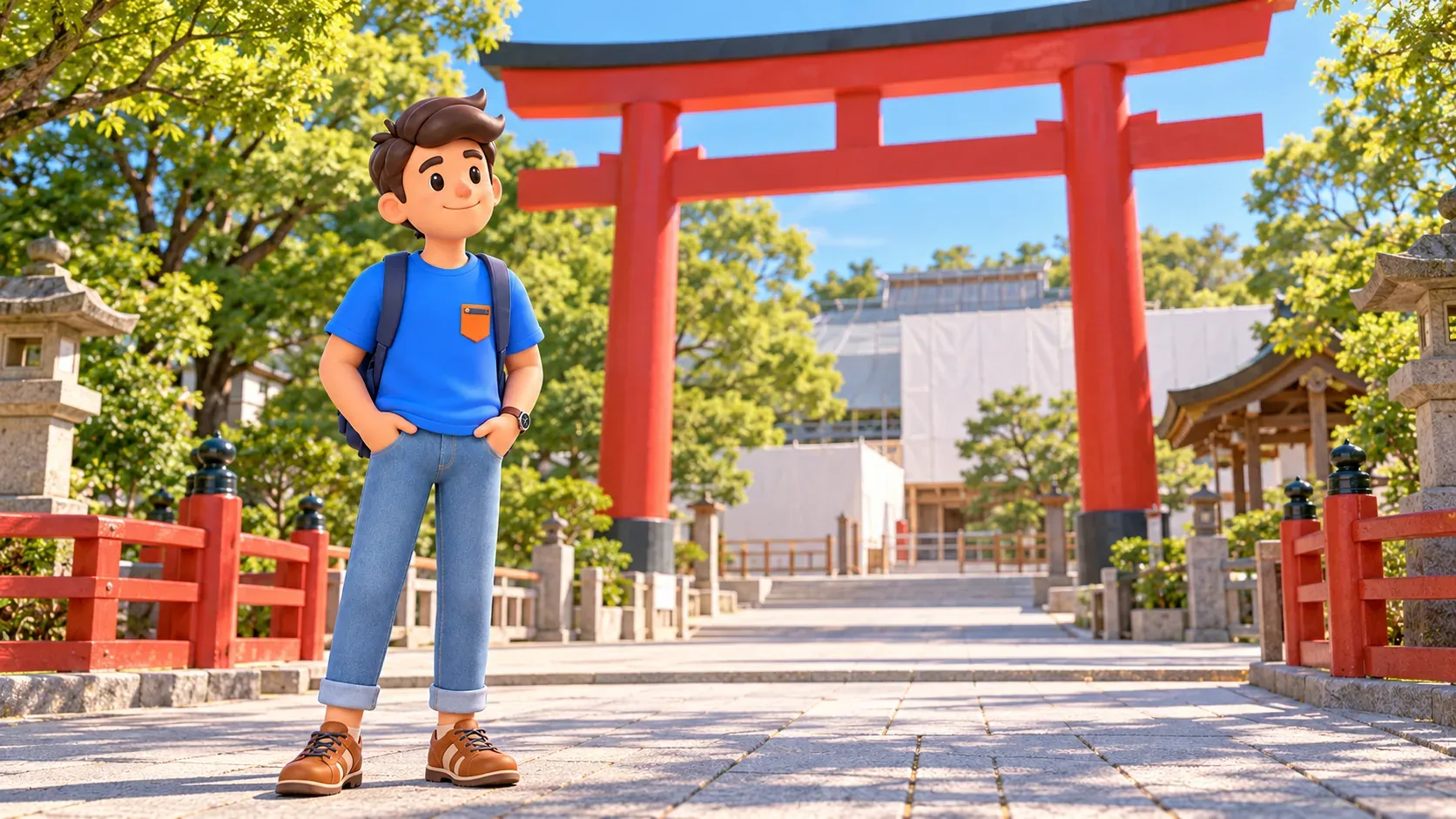 Viajero ante un torii sintoísta observando un acceso abierto junto a pantallas de restauración