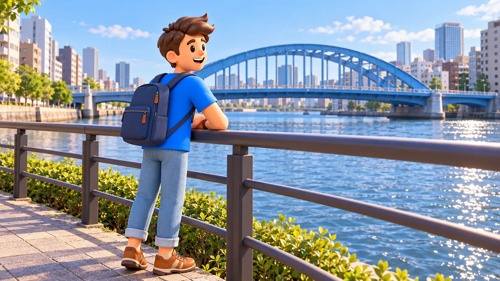 Viajero apoyado en una barandilla pública mirando el Sumida y un puente azul de arco de acero