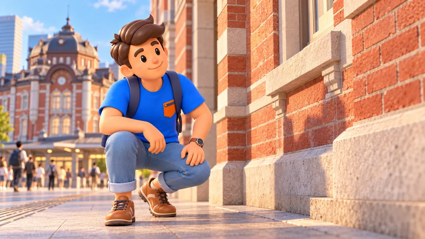 Traveler looking closely at brick and pale facade trim, illustration