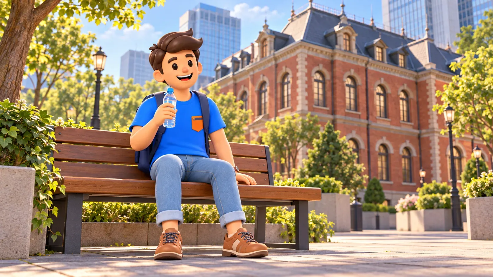 Traveler taking a break beside a stylized brick museum building