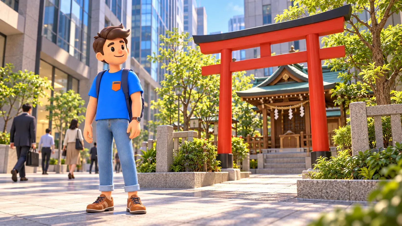 Reisender bei einem kleinen Shinto-Schrein zwischen modernen Geschäftsbauten