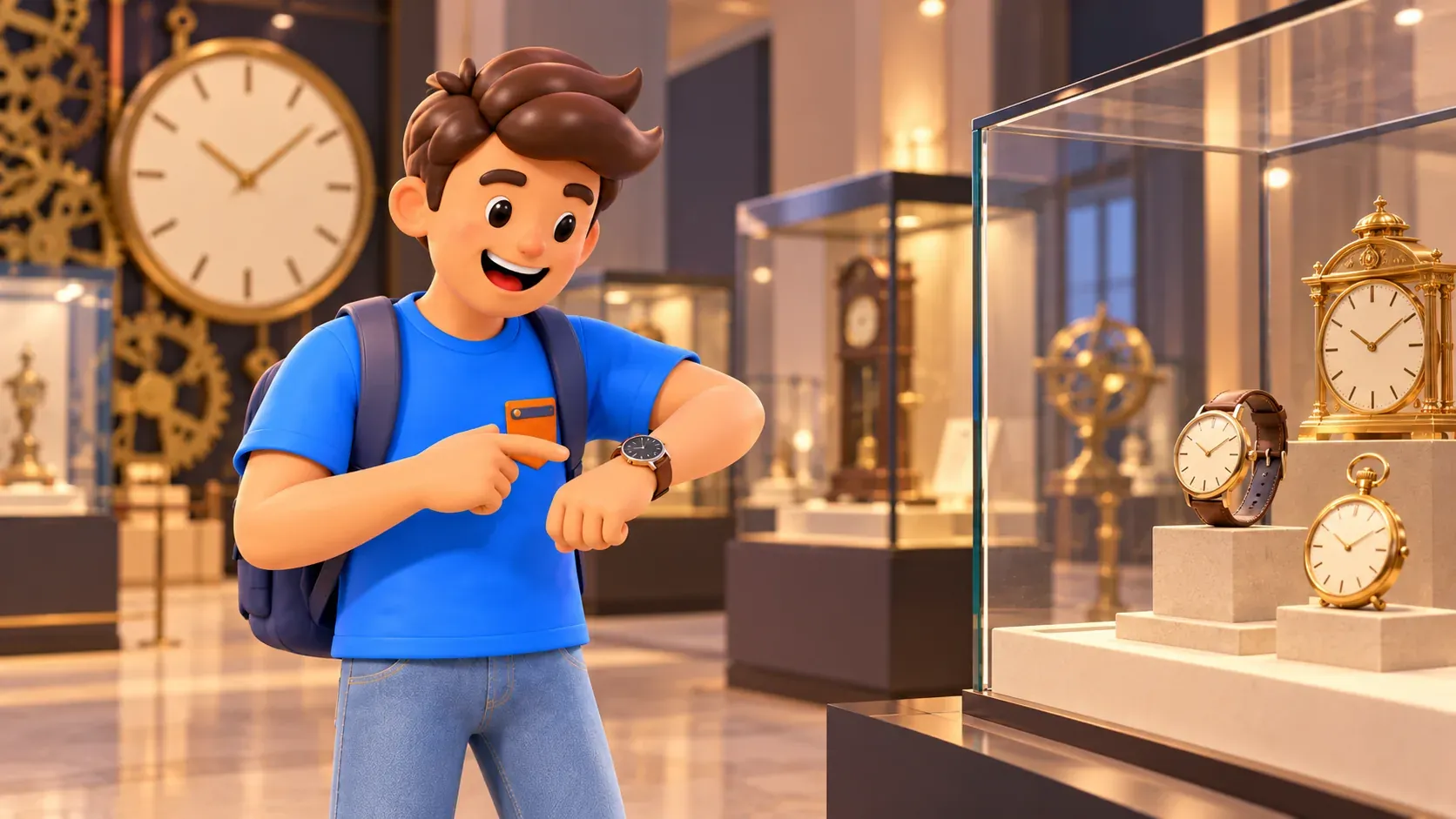 Le voyageur RoadMe compare sa montre aux vitrines d’un musée imaginaire de la mesure du temps.