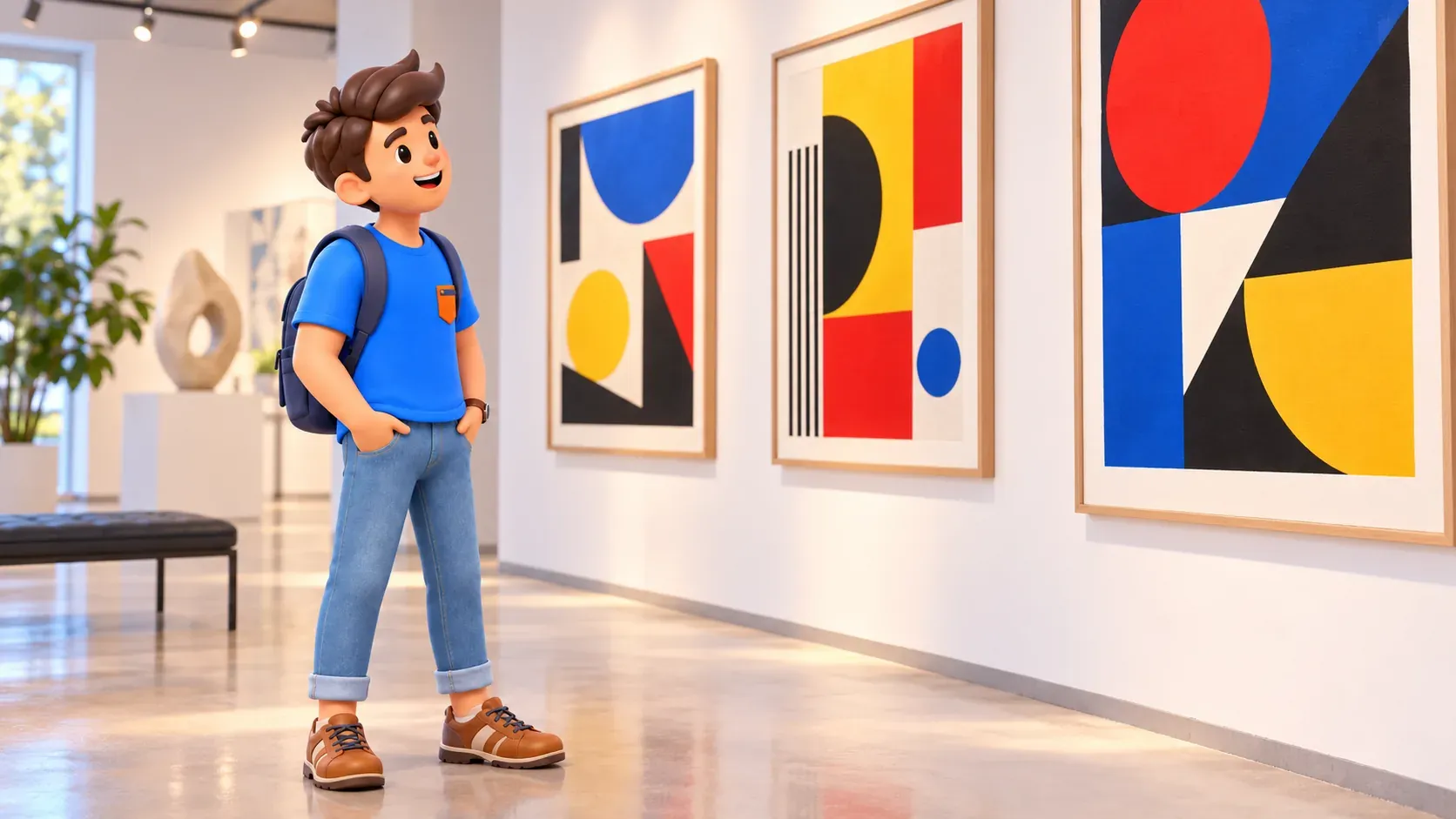 Le voyageur RoadMe étudie des affiches géométriques colorées, mains dans les poches, dans une galerie imaginaire.