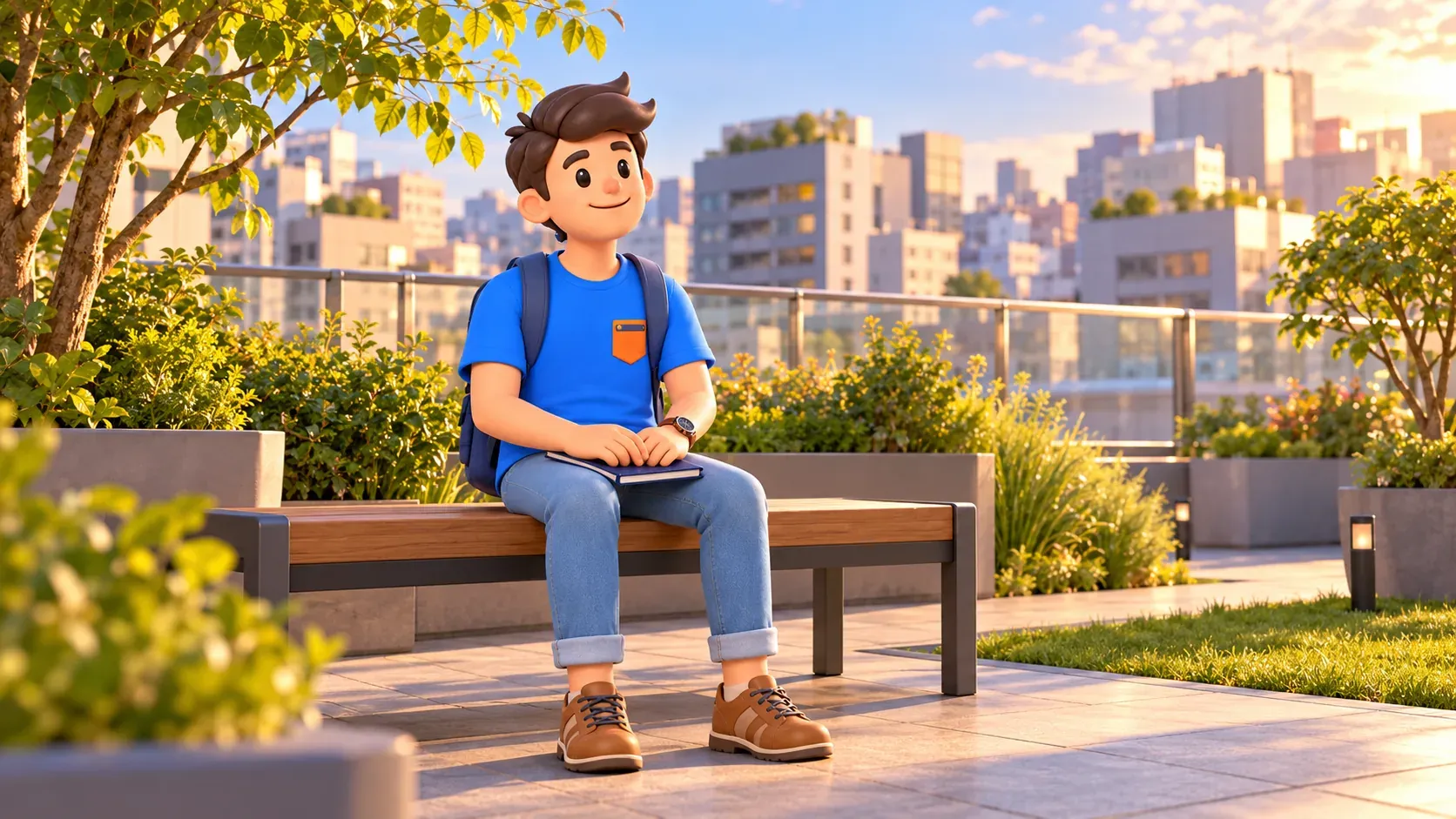 Le voyageur RoadMe se repose sur un banc avec un carnet fermé dans un jardin sur le toit stylisé.
