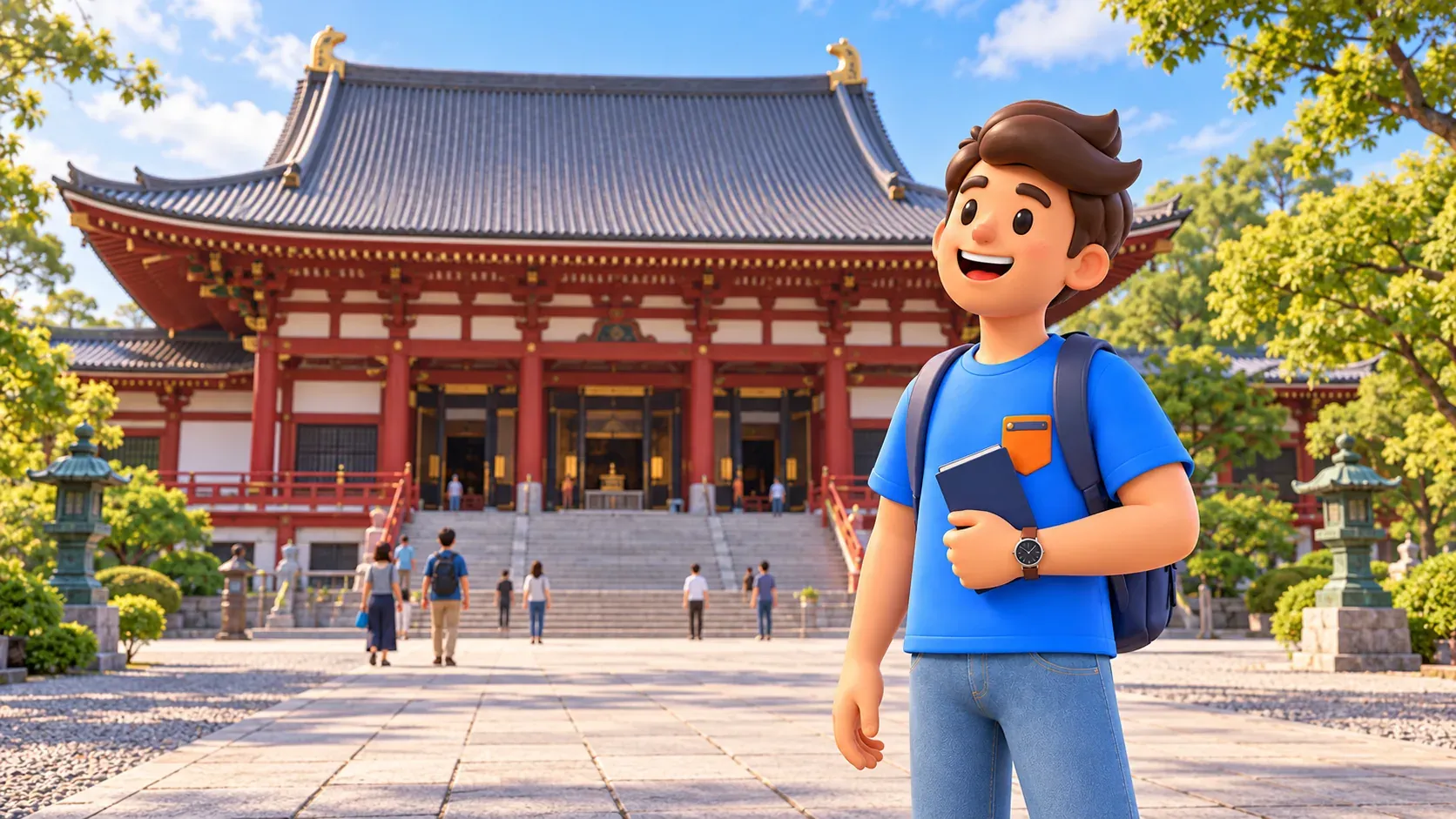 Traveler with a closed booklet quietly observing Zojoji's main hall from outside.