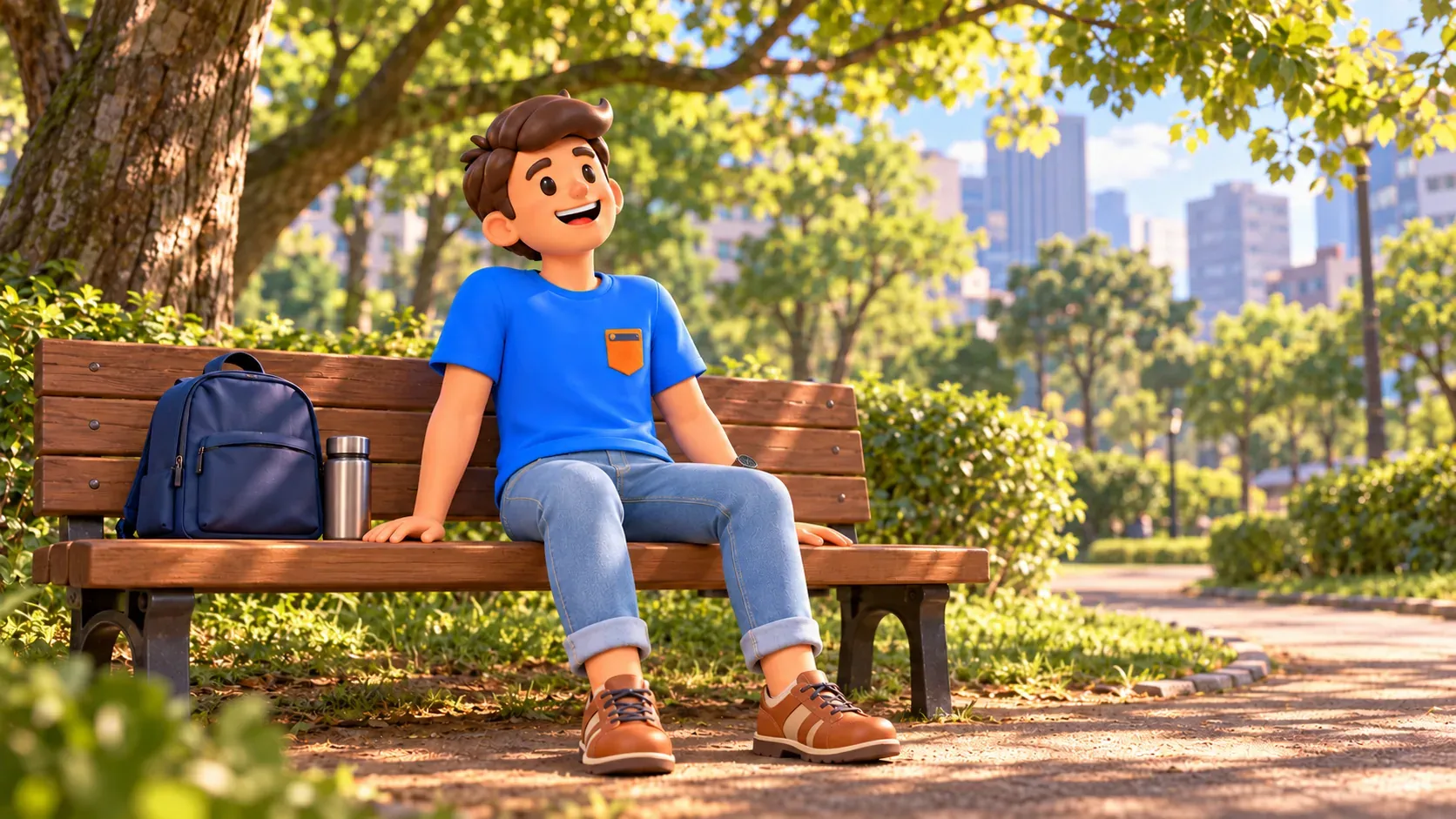Traveler resting on a bench beneath Shiba Park's green trees, with backpack and flask nearby.