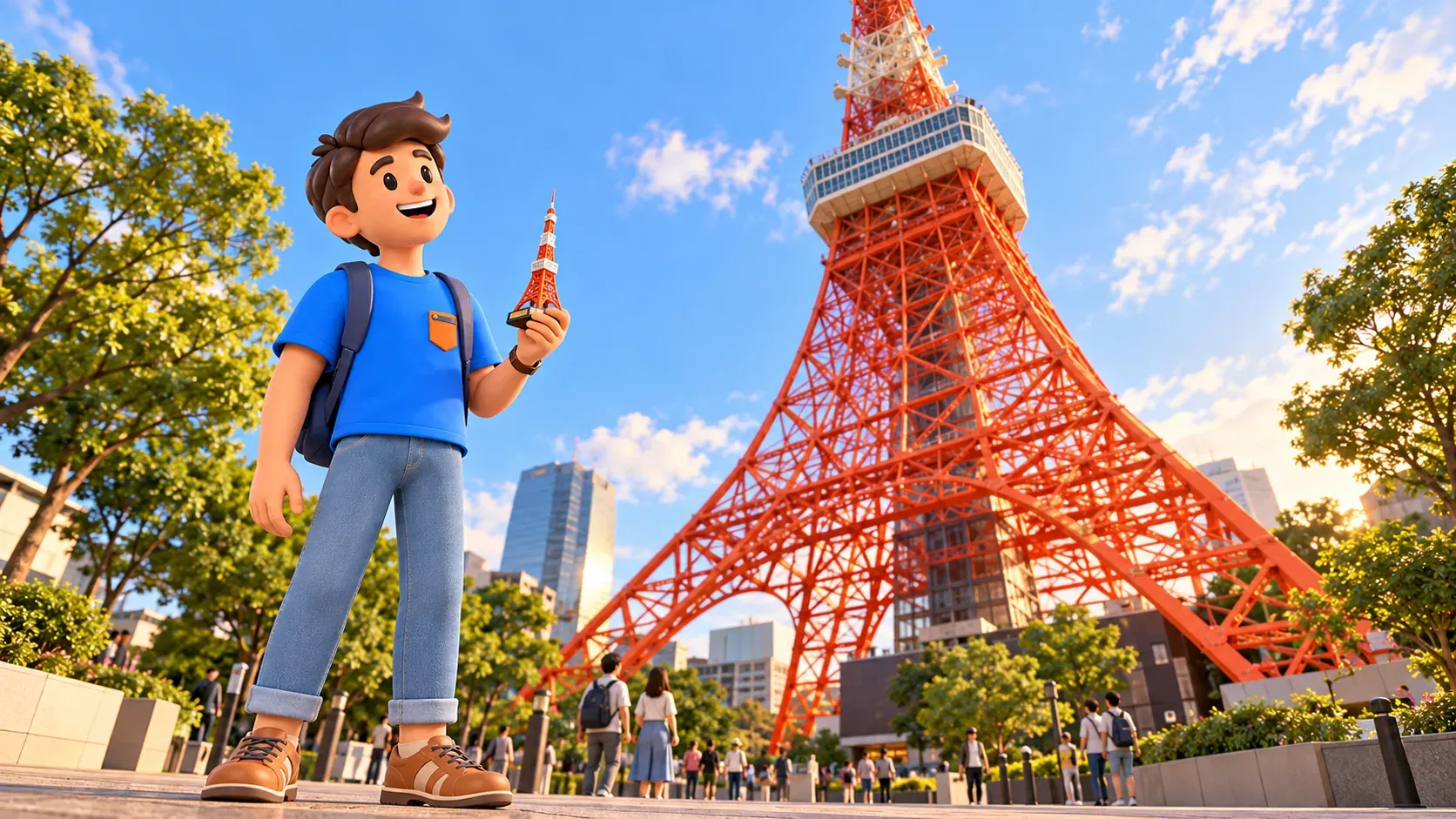 Traveler holding a small tower souvenir and looking up at Tokyo Tower from ground level.
