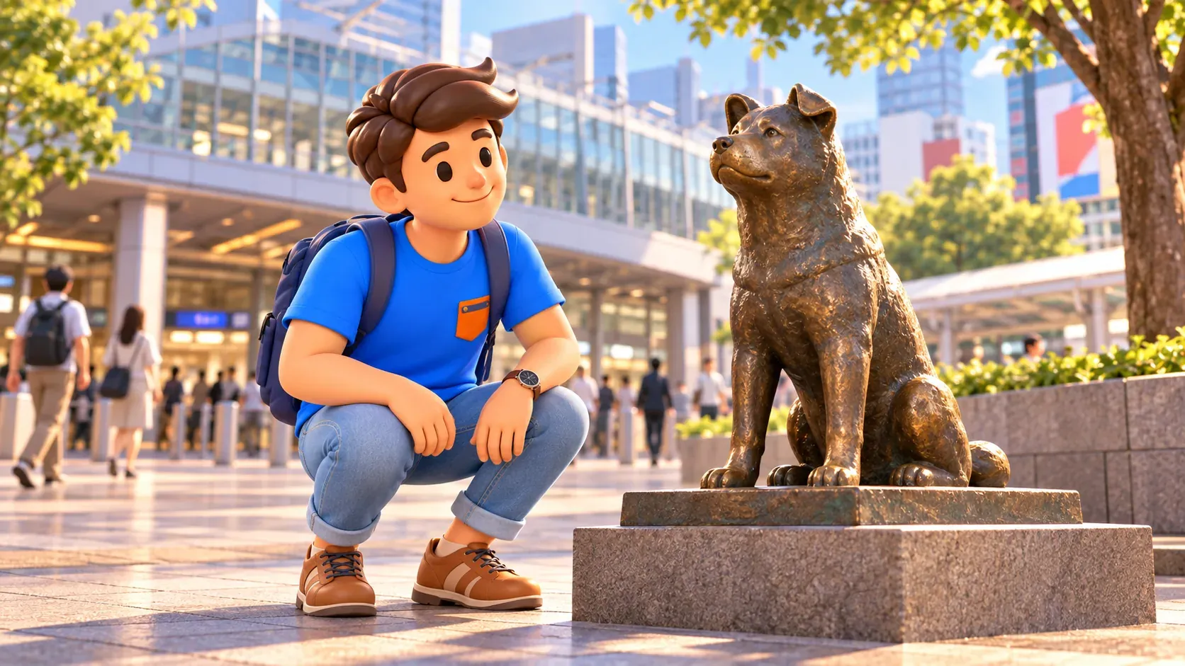 Der RoadMe Reisende hockt mit respektvollem Abstand neben einer von Hachiko inspirierten Hundestatue aus Bronze.