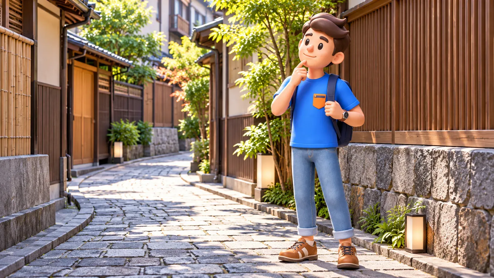 Traveler observing a curved stone-paved lane.