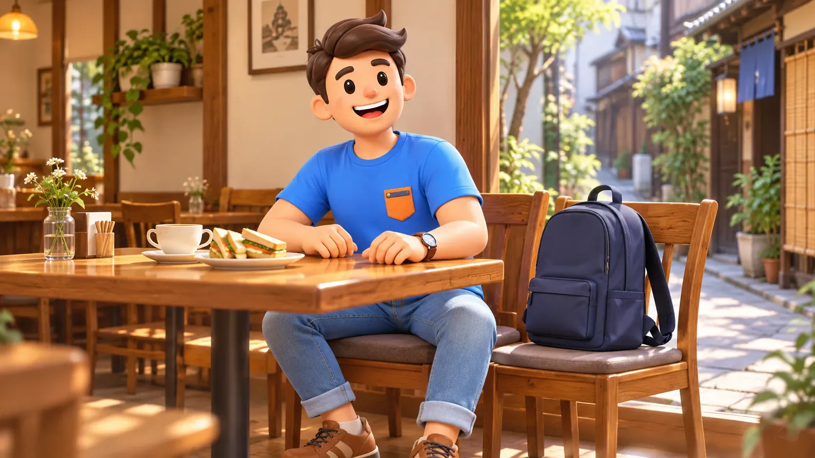 Traveler resting at a small neighbourhood cafe table.