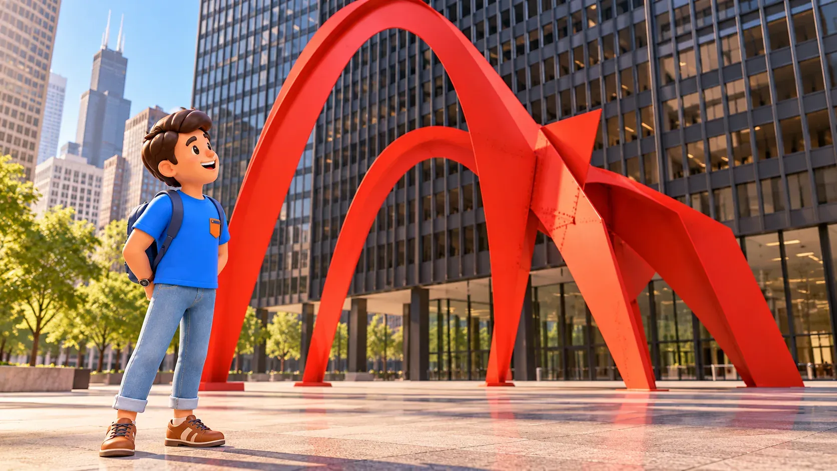 Reisender betrachtet die roten Bögen von Flamingo vor dem Federal Center.