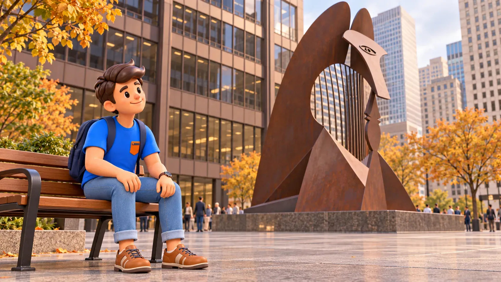 Reisender betrachtet von einer Bank die Silhouette des Picasso auf der Daley Plaza.