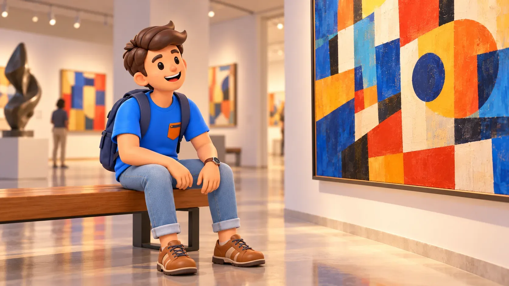 Voyageur assis sur un banc de galerie devant une peinture abstraite