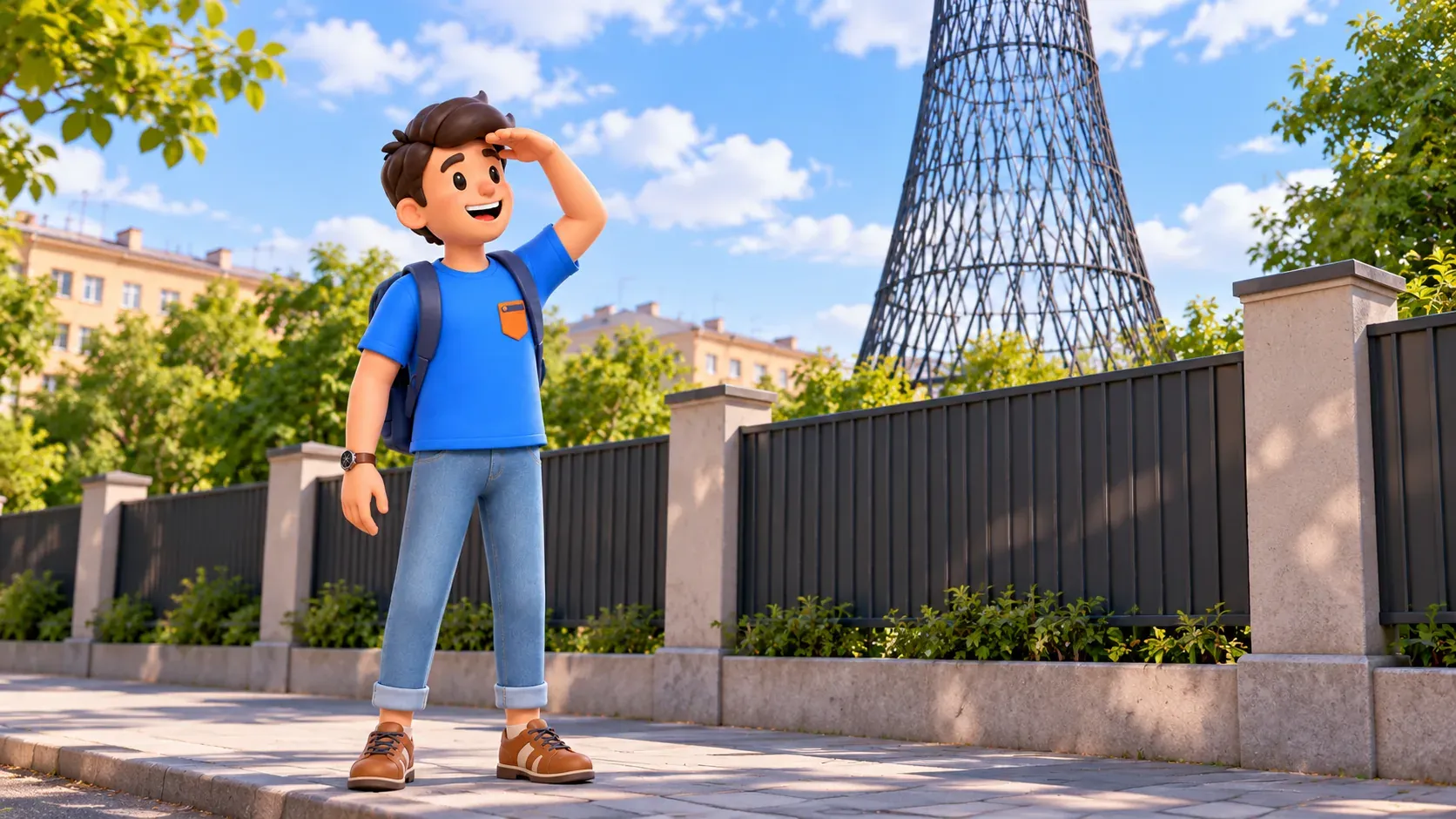 A traveler looks up at an illustrative metal tower from a public pavement, 3D illustration