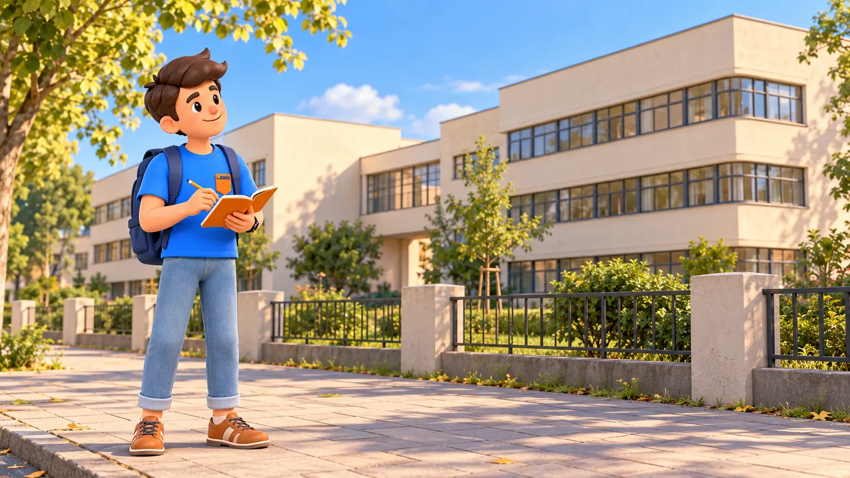 A traveler with a notebook outside an illustrative modernist building behind a fence, 3D illustration