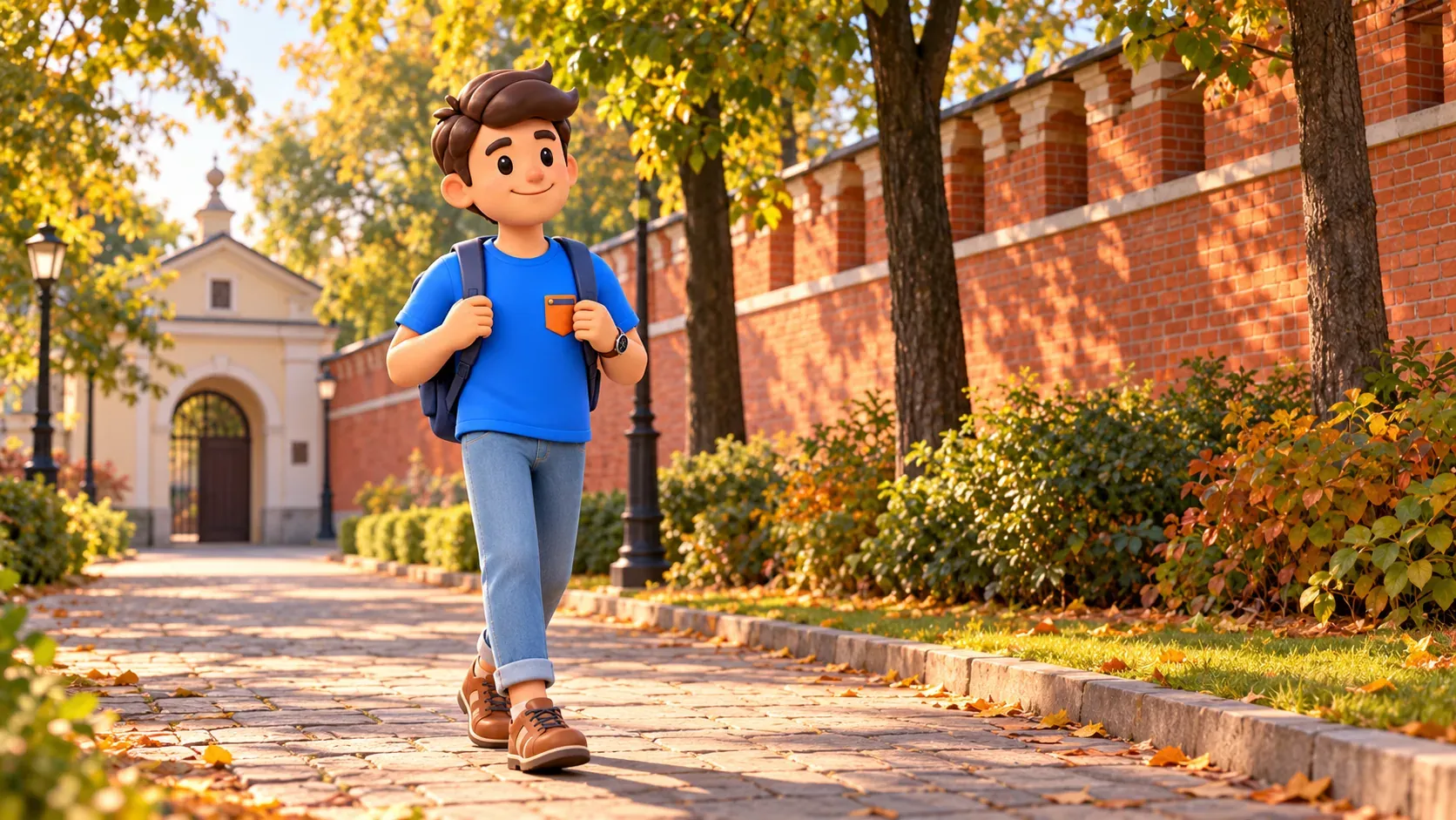 A traveler walks along an illustrative public path outside a monastery wall, 3D illustration
