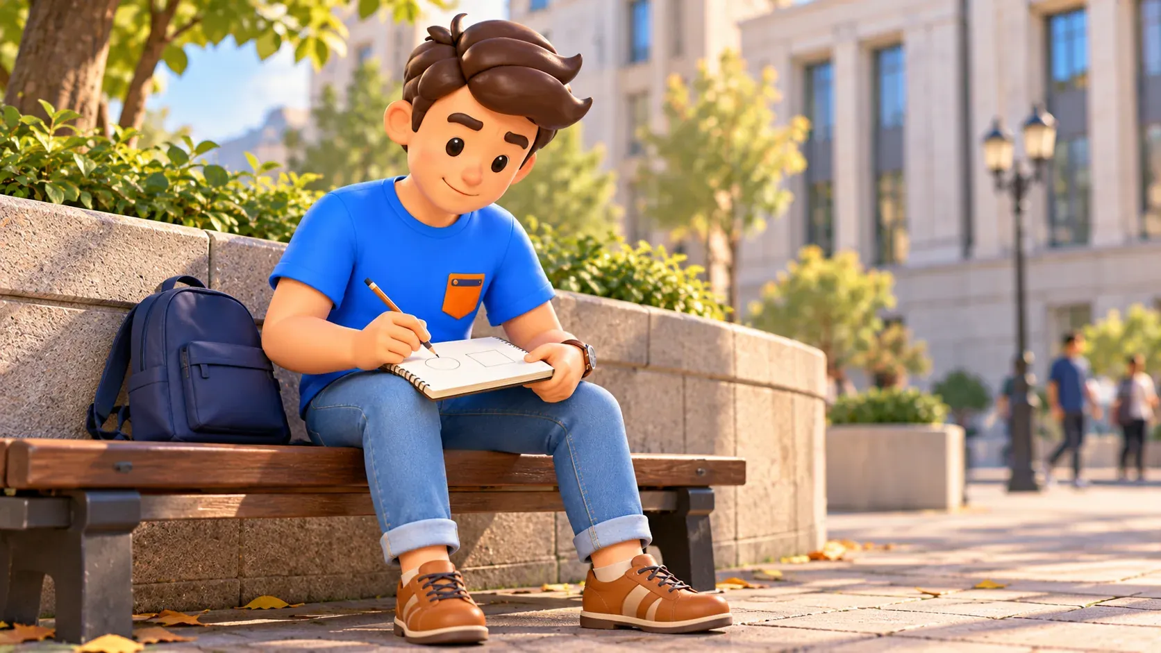 A traveler sketches a circle and rectangle in a notebook on a city bench, 3D illustration