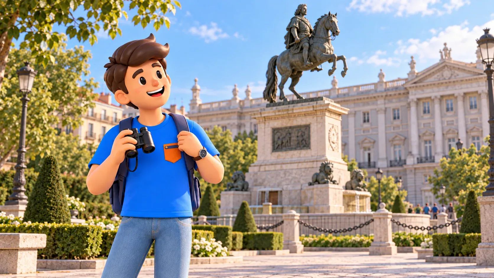 Ilustración de un viajero con prismáticos junto a la estatua de Felipe IV