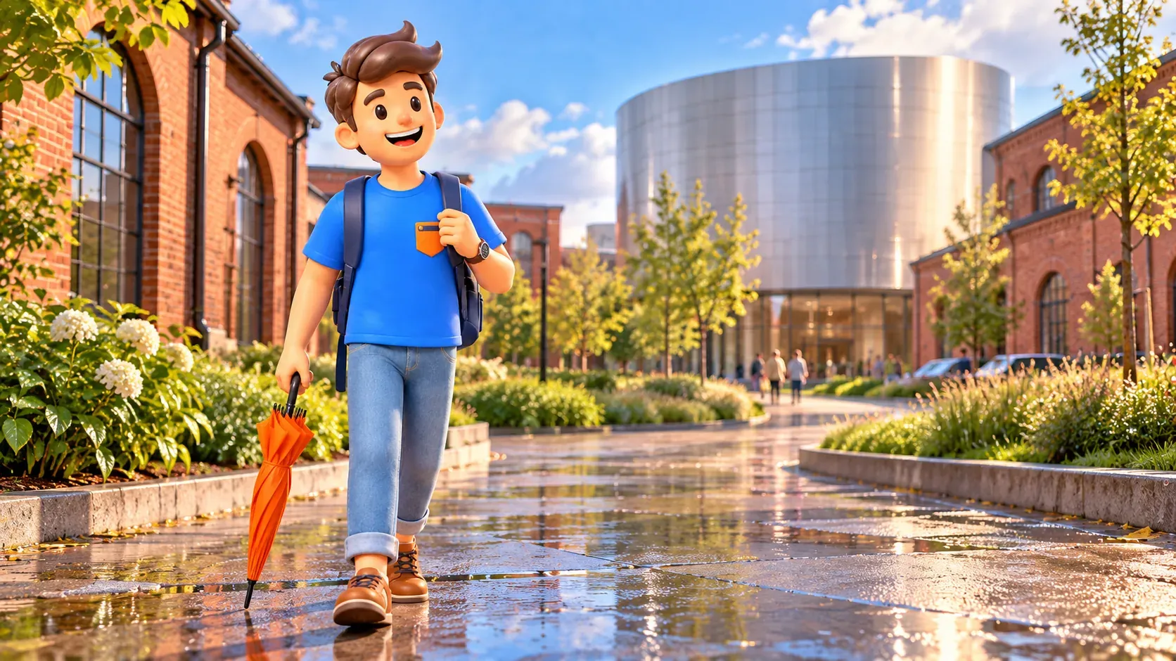A traveler with a closed umbrella approaches an illustrative silver museum building, 3D illustration
