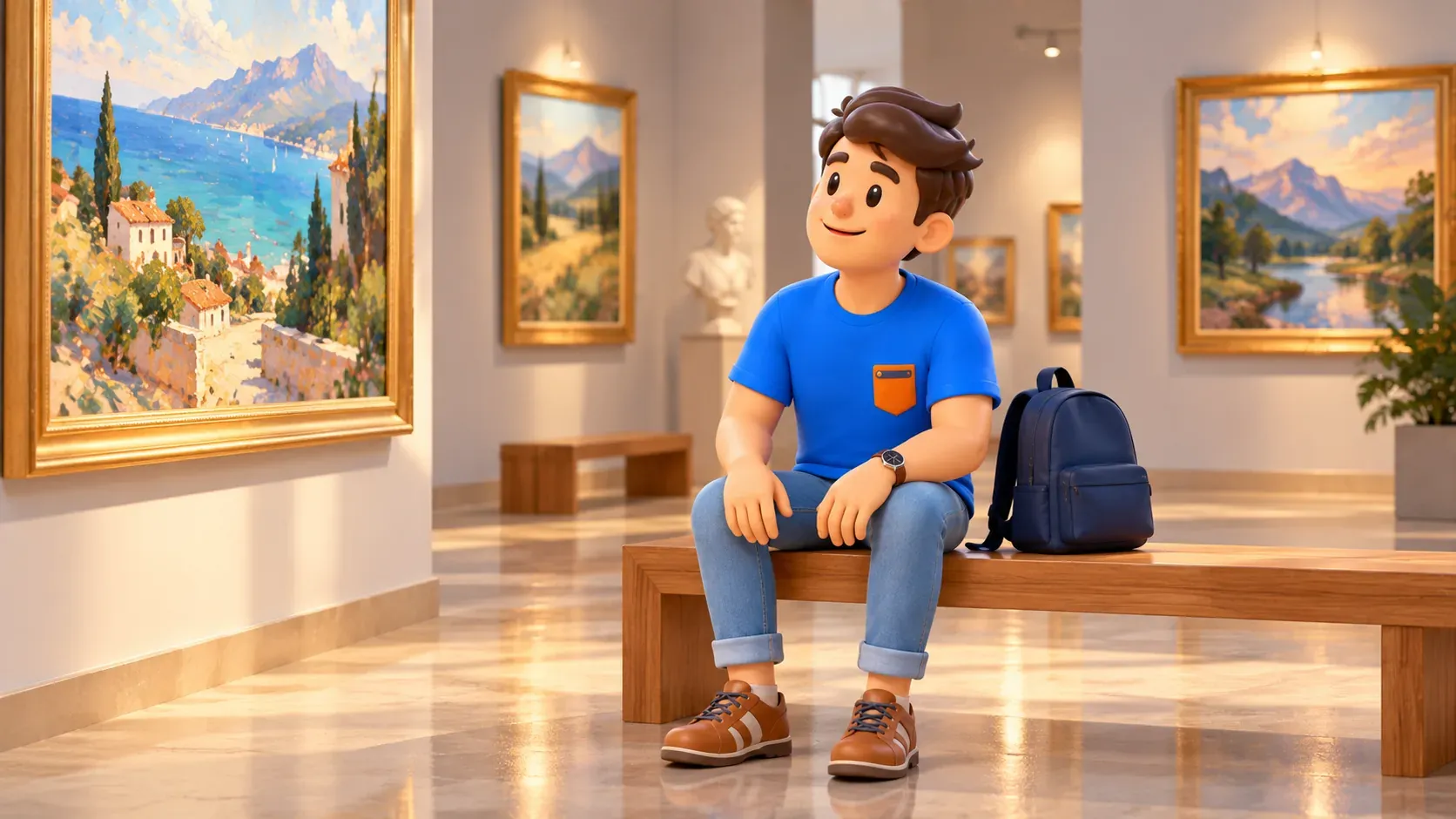 A traveler sits on a bench looking at landscapes in an illustrative art gallery, 3D illustration