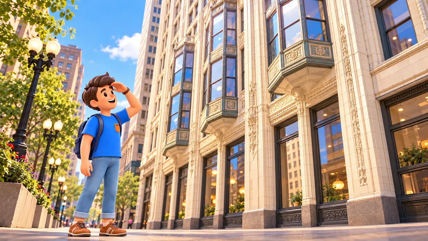 Voyageur regardant les bow-windows et la terre cuite claire du Reliance Building.