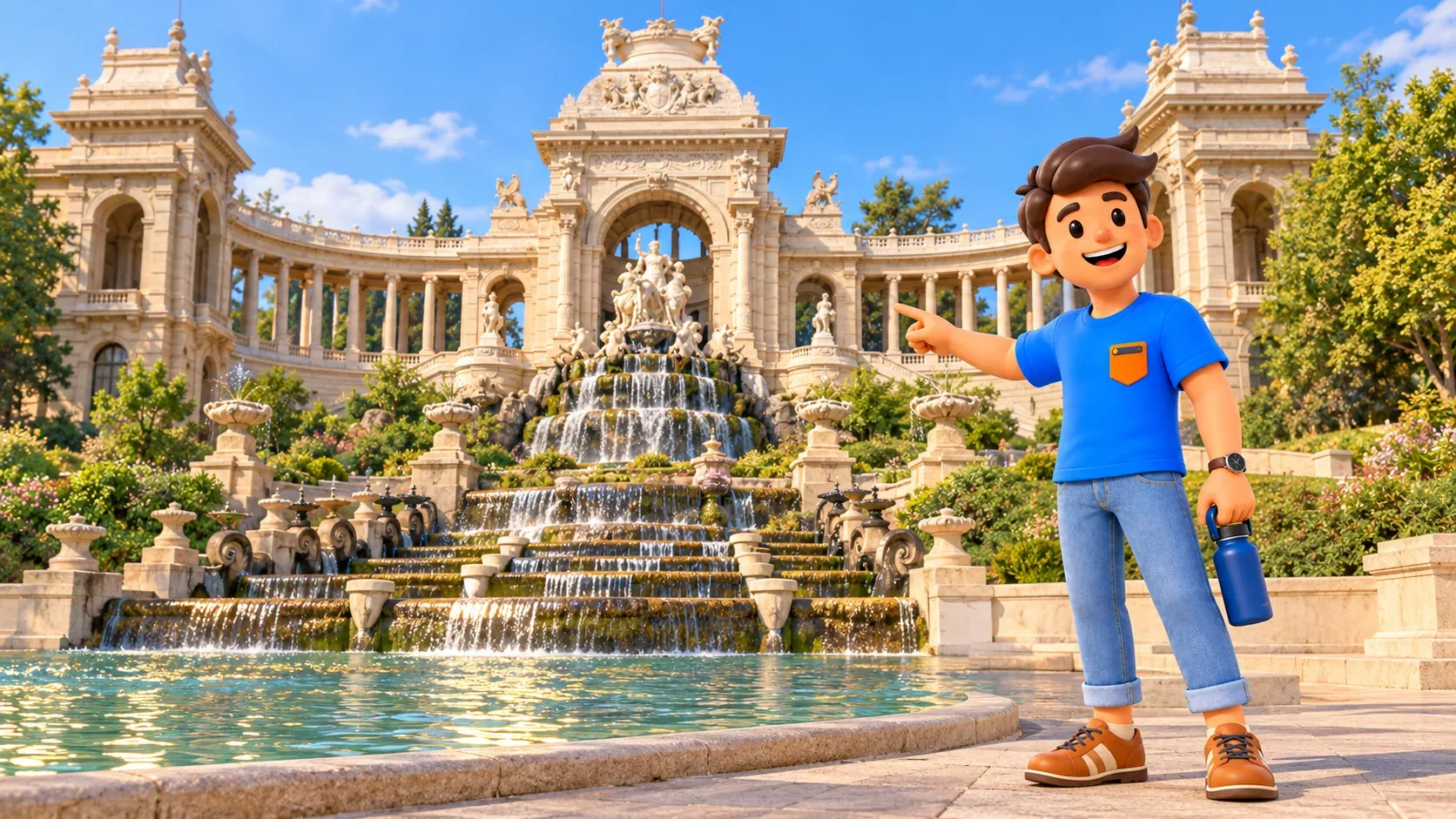 Illustrierter Reisender mit geschlossener Wasserflasche betrachtet den stilisierten Longchamp-Brunnen