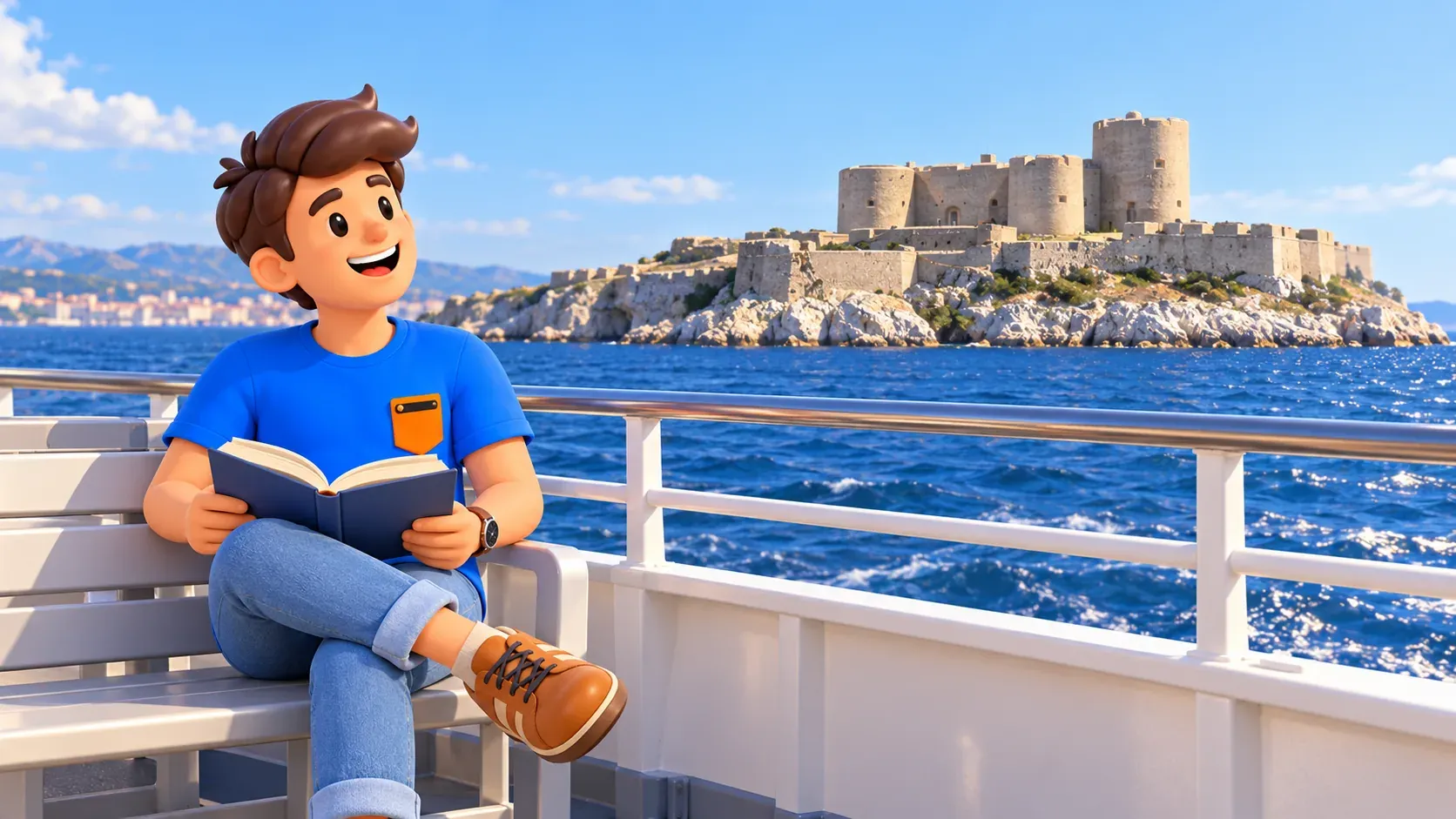 Illustrierter Reisender mit Buch auf einem erfundenen Fährdeck vor dem nach Foto gestalteten Château d’If