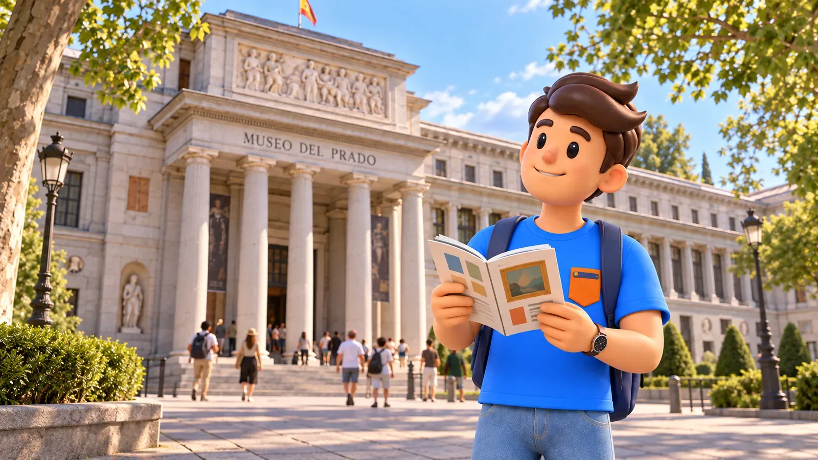 Ilustración de un viajero con un folleto de arte frente al Museo del Prado