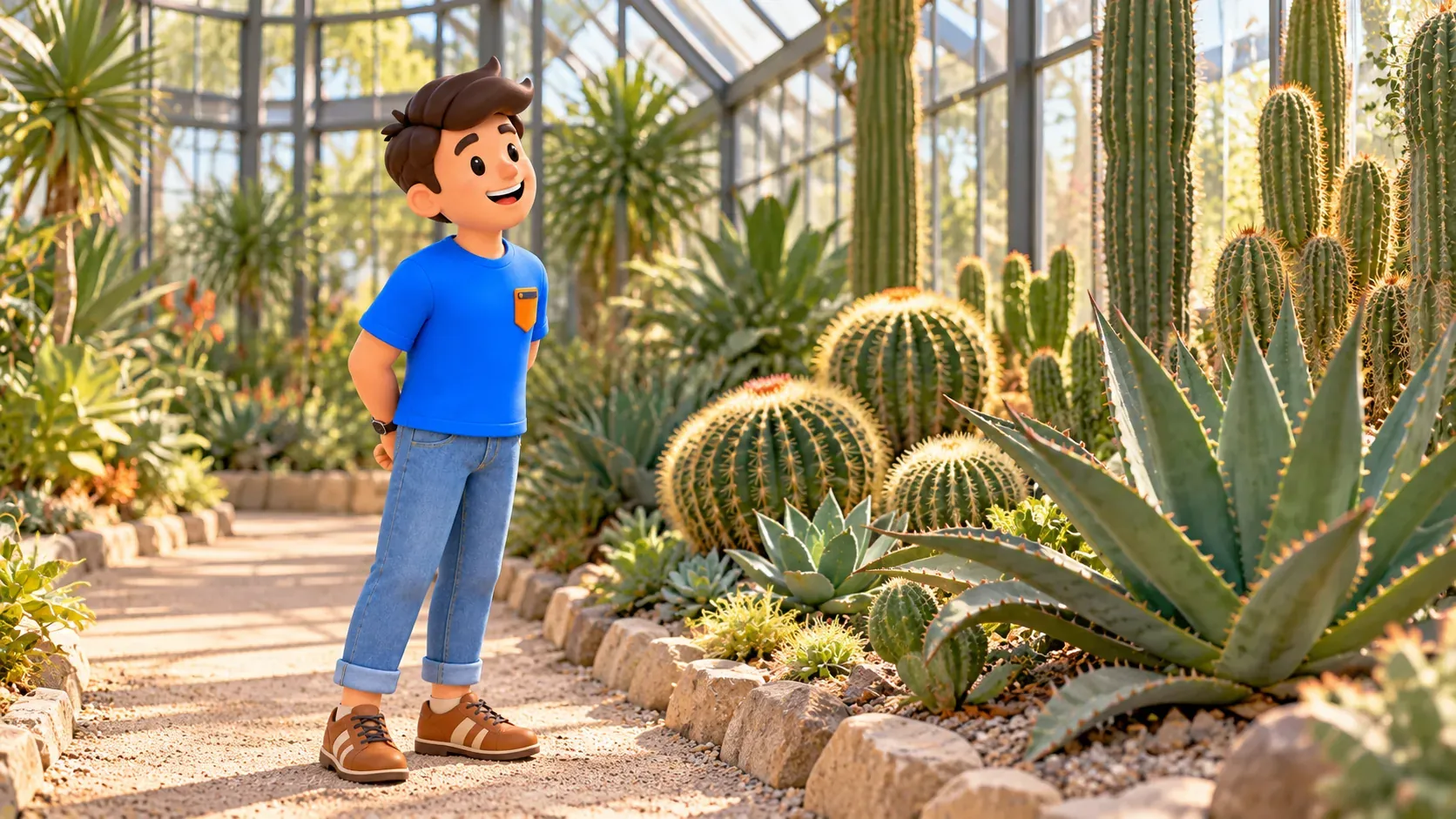 Illustration d’un voyageur découvrant des succulentes dans une serre imaginaire
