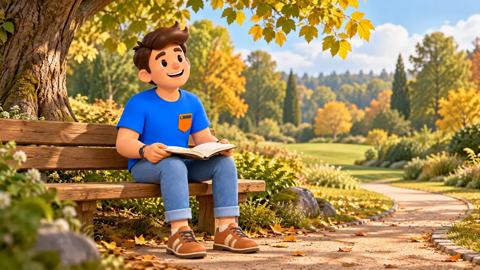 Illustration d’un voyageur avec un carnet sur un banc dans un parc en automne