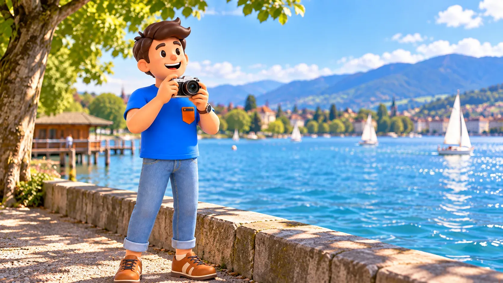 Ilustración de un viajero fotografiando el lago