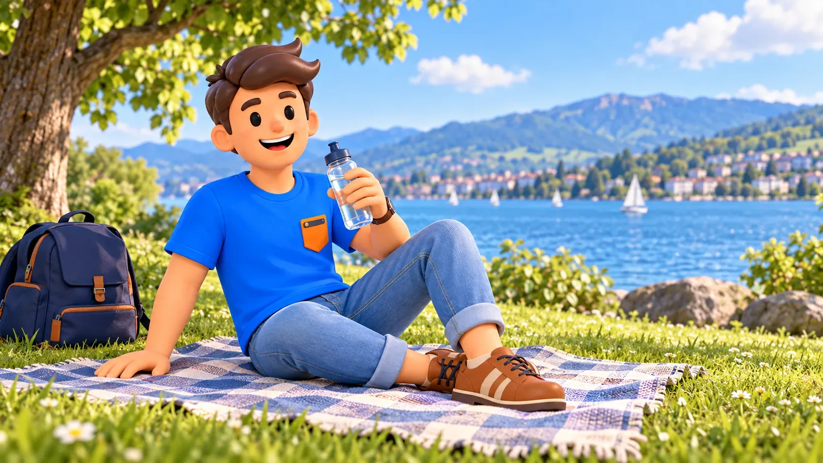 Ilustración de un viajero descansando en una manta junto al lago