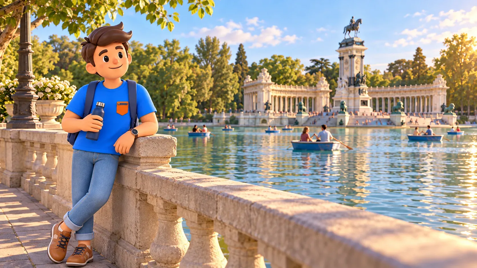 Ilustración de un viajero descansando junto al Estanque Grande del Retiro