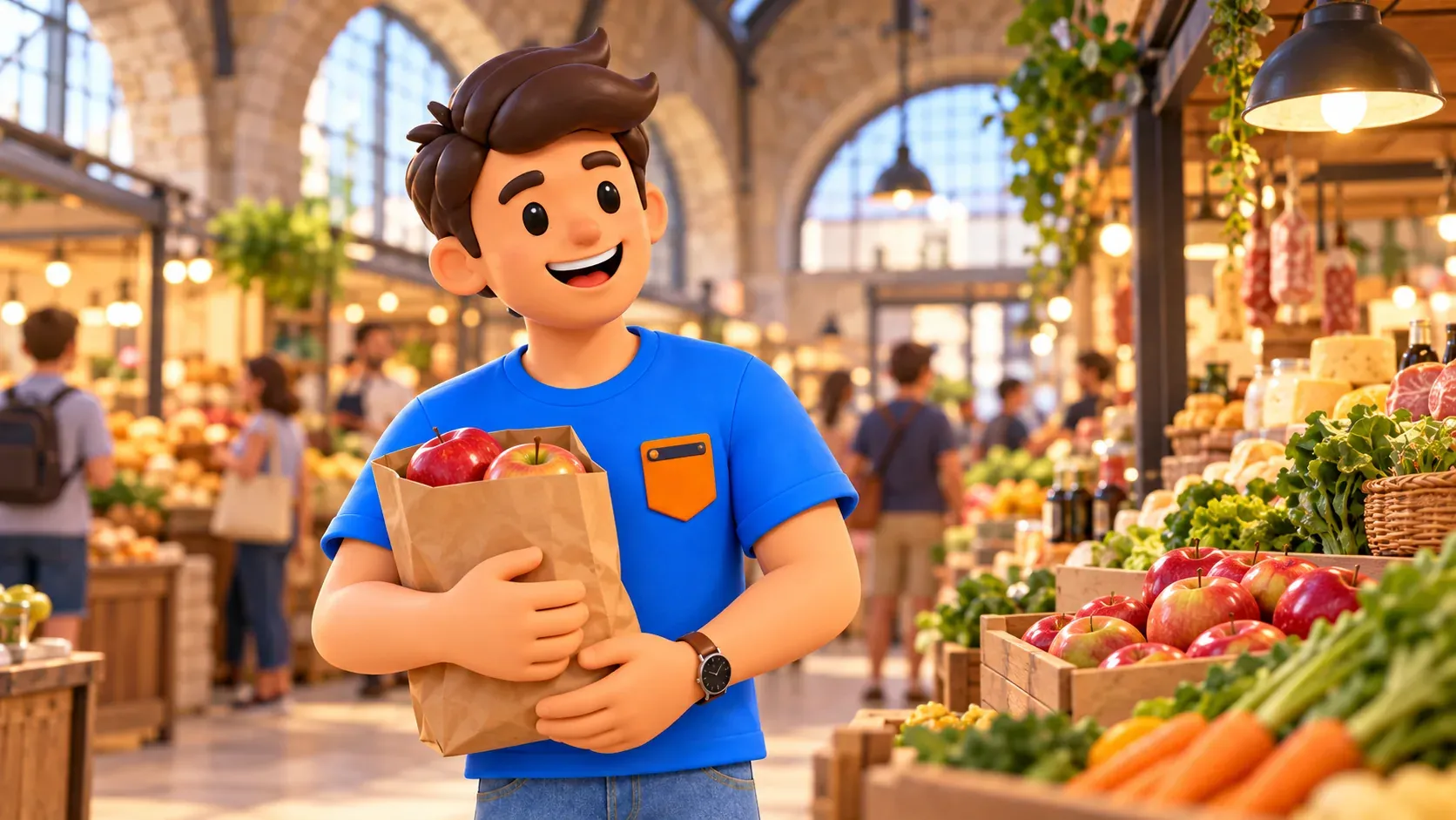 Illustration of a traveller with apples in an imagined market hall