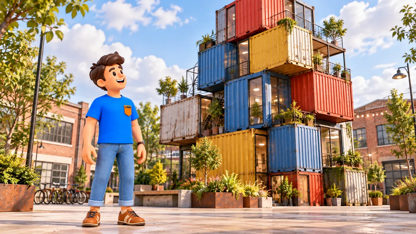 Illustration of a traveller looking at an imagined container tower