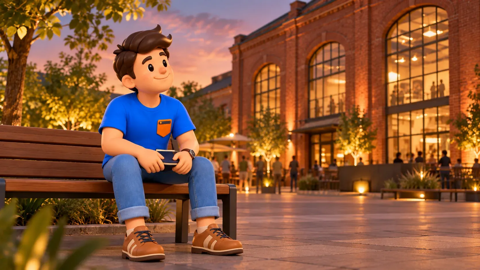 Illustration of a traveller resting opposite an imagined industrial cultural venue