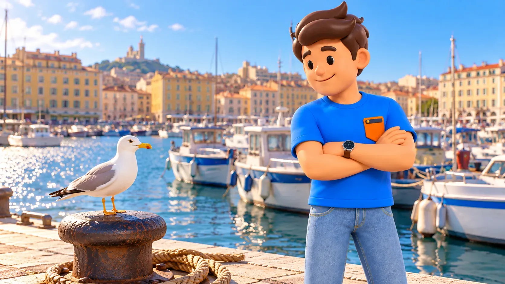 Illustrated traveller with folded arms watching a gull on a mooring bollard beside harbour boats