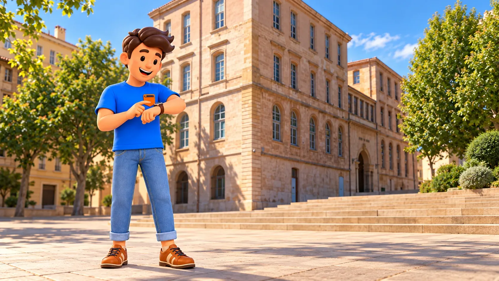 Illustrated traveller checking his wristwatch on the plaza behind Marseille’s town hall, with photo-inspired facades