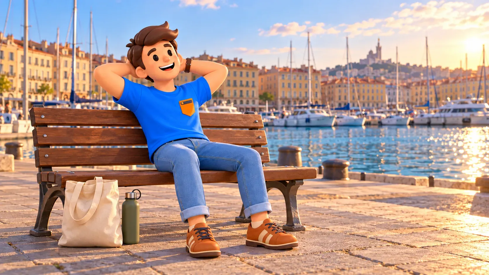 Illustrated traveller resting on a harbour bench with hands behind his head, beside a cloth tote and water bottle