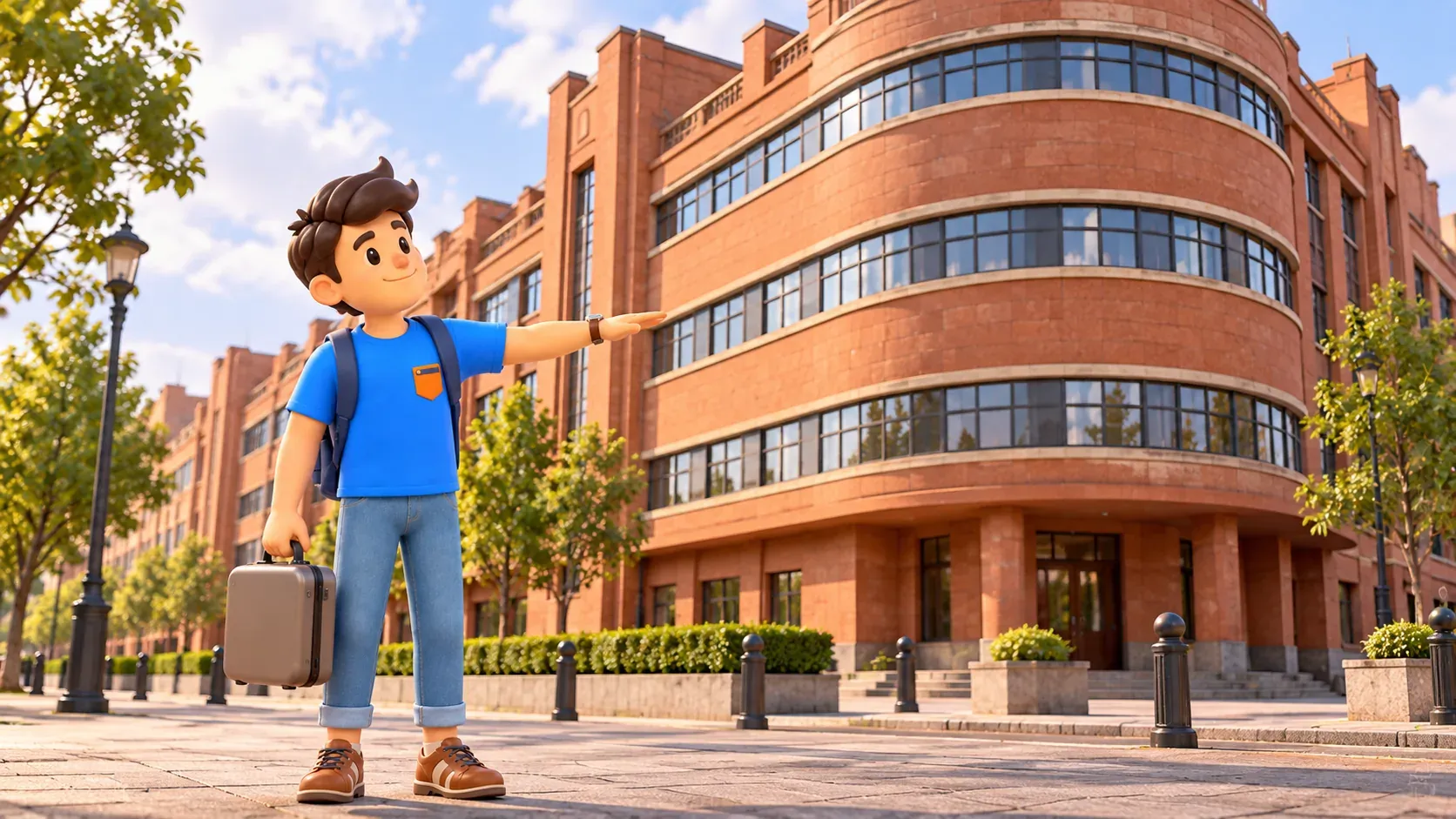 A traveler notices horizontal lines on an illustrative rounded-corner building, 3D illustration
