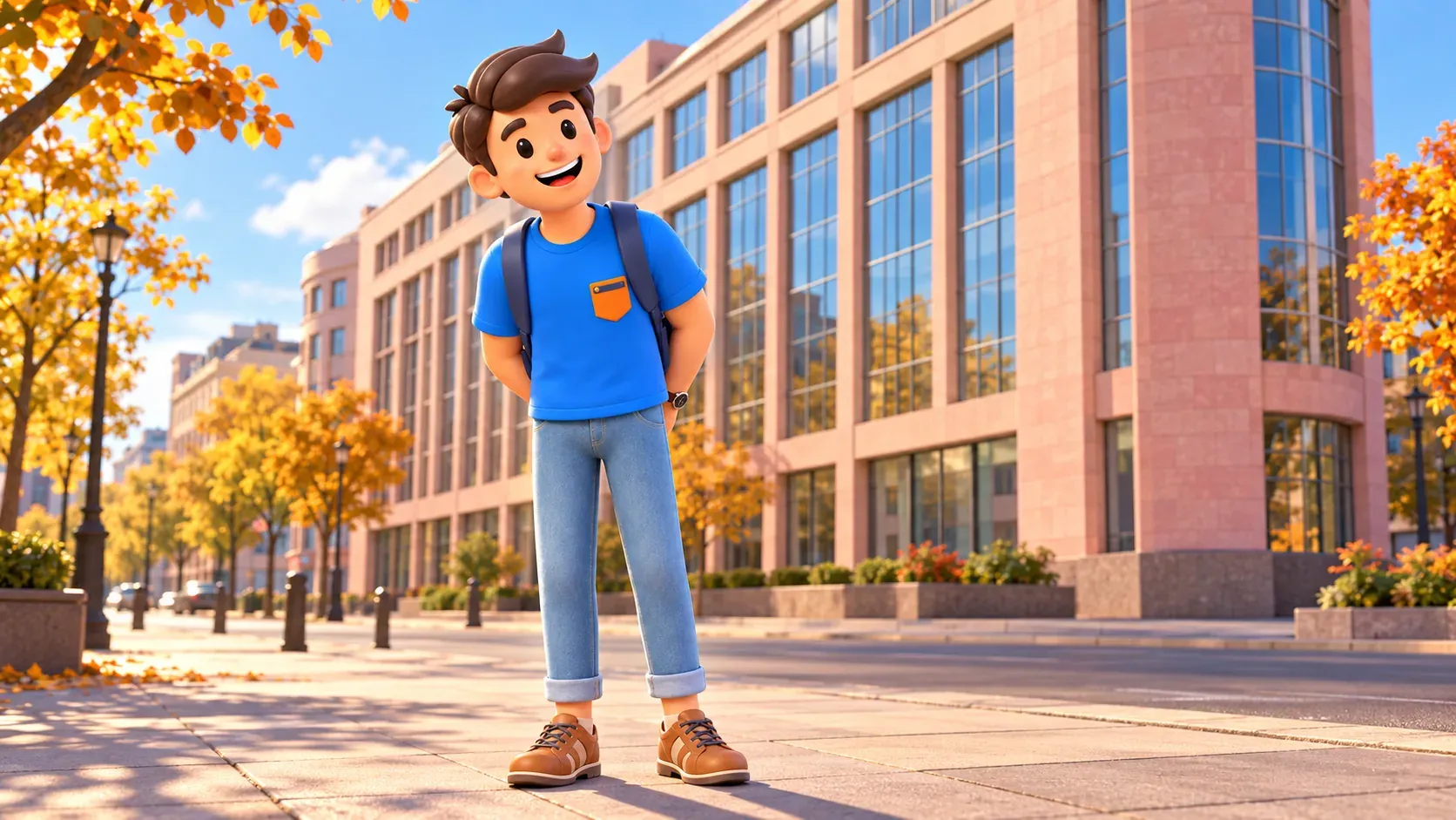 A traveler near an illustrative modernist building of glass and pink stone, 3D illustration