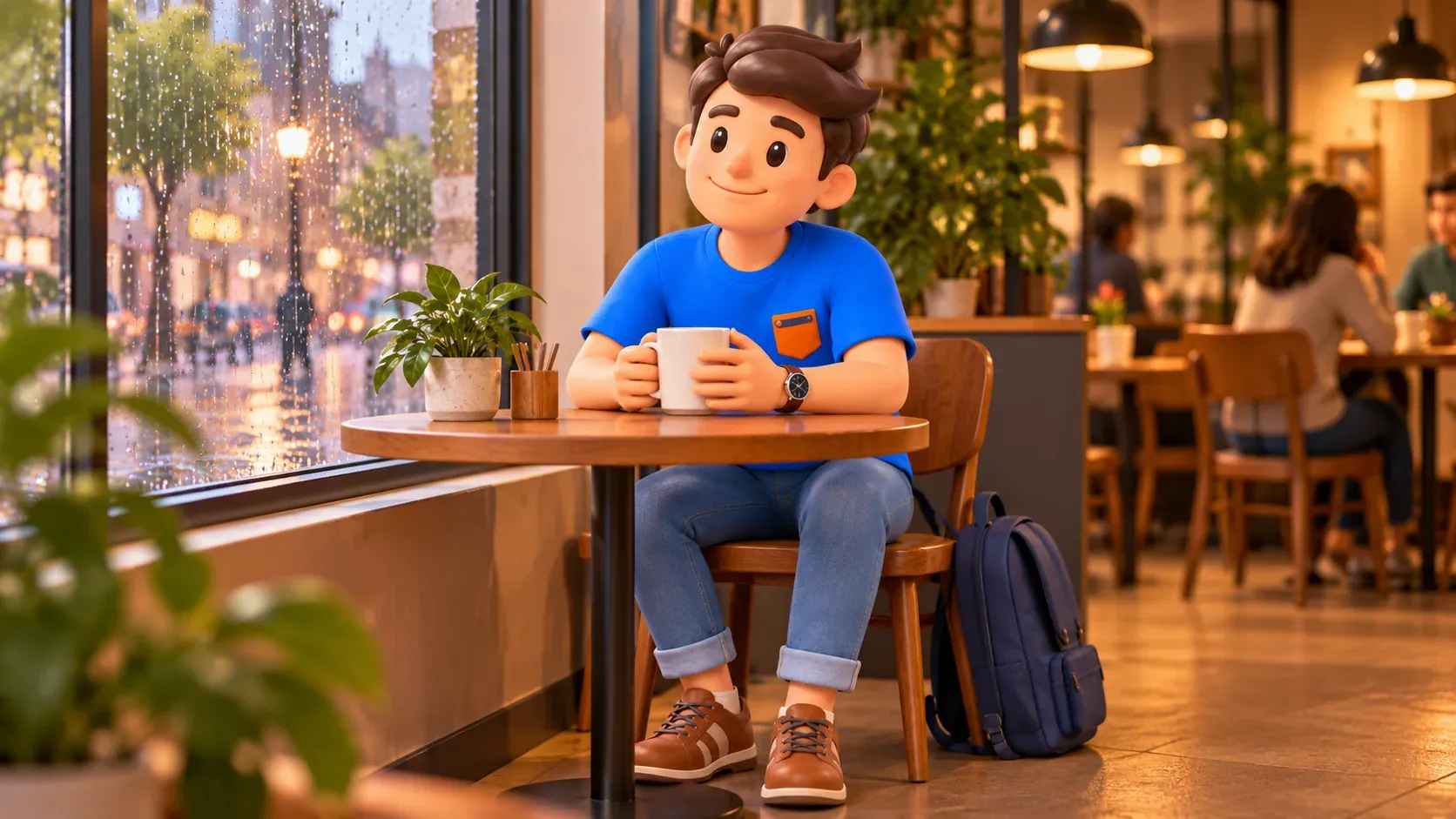 A traveler with a mug takes a break in an illustrative city café, 3D illustration