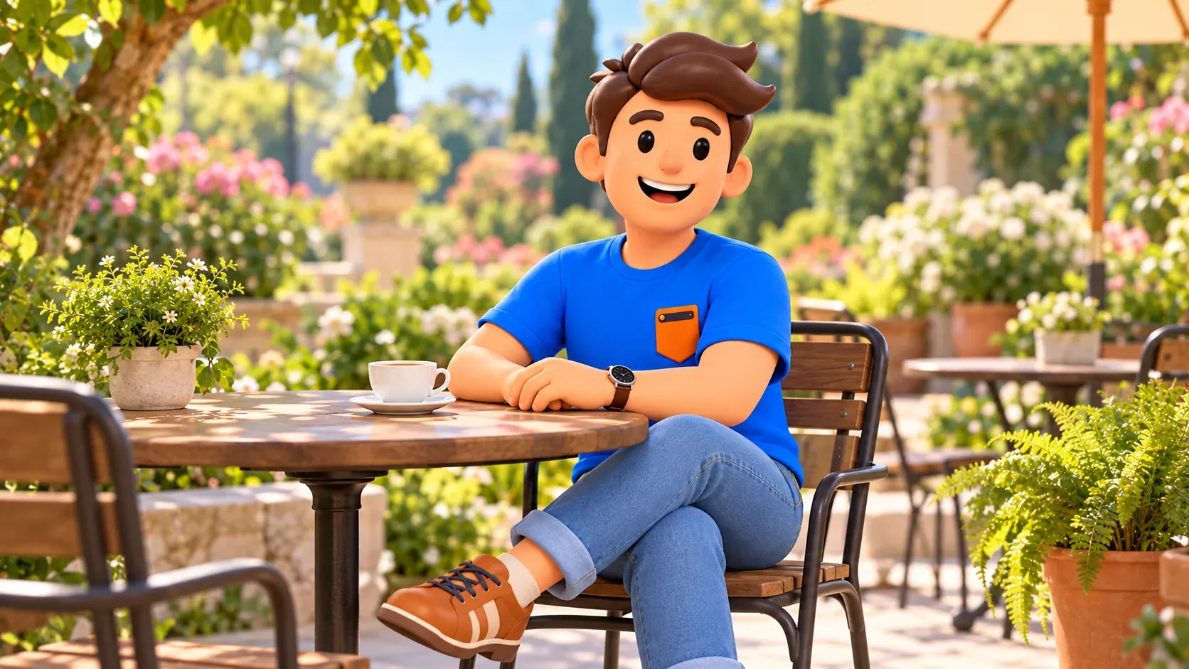 Illustration eines Reisenden bei einer Pause in einem beispielhaften Gartencafé