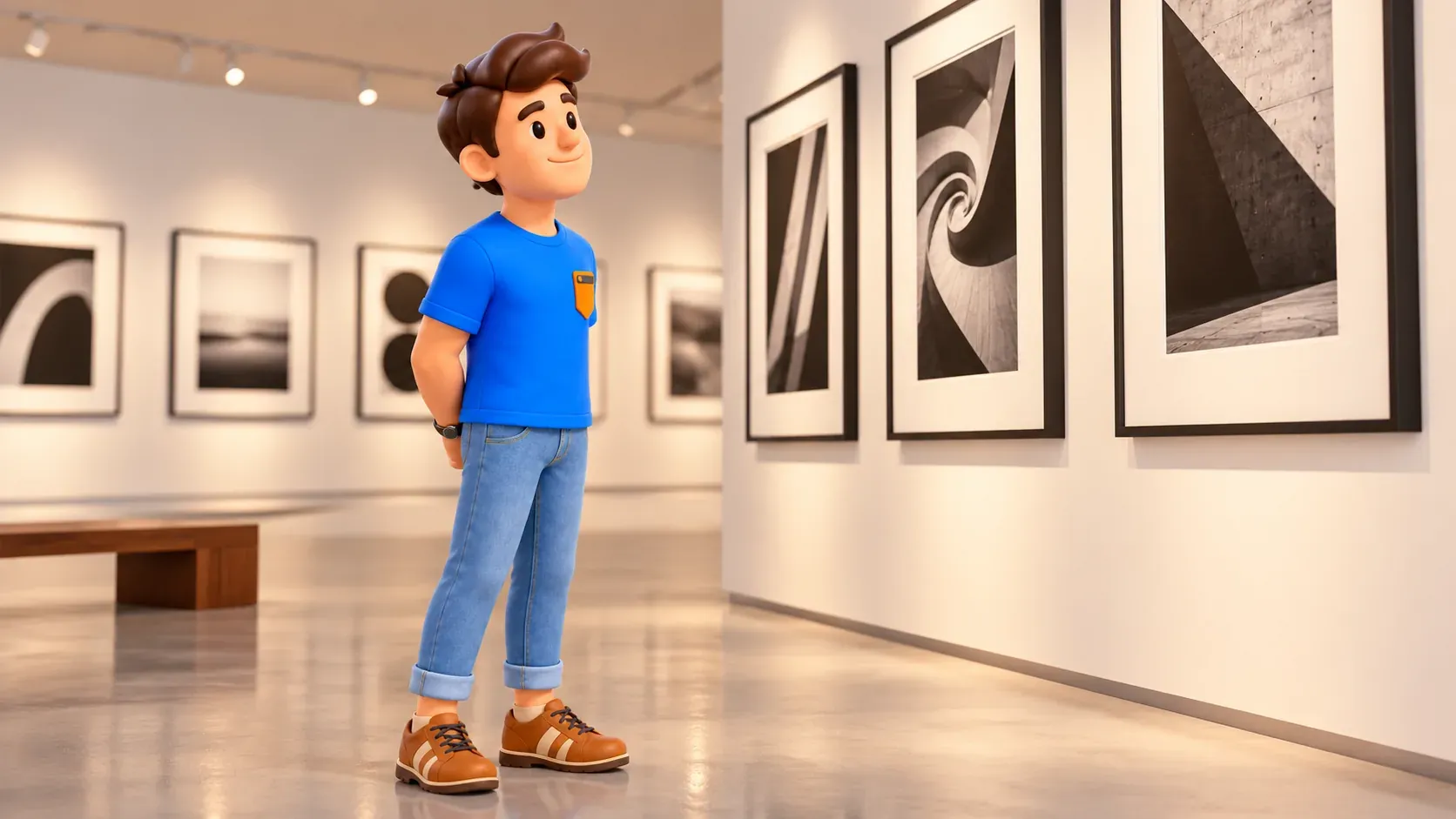 Traveler viewing monochrome photographs in a gallery