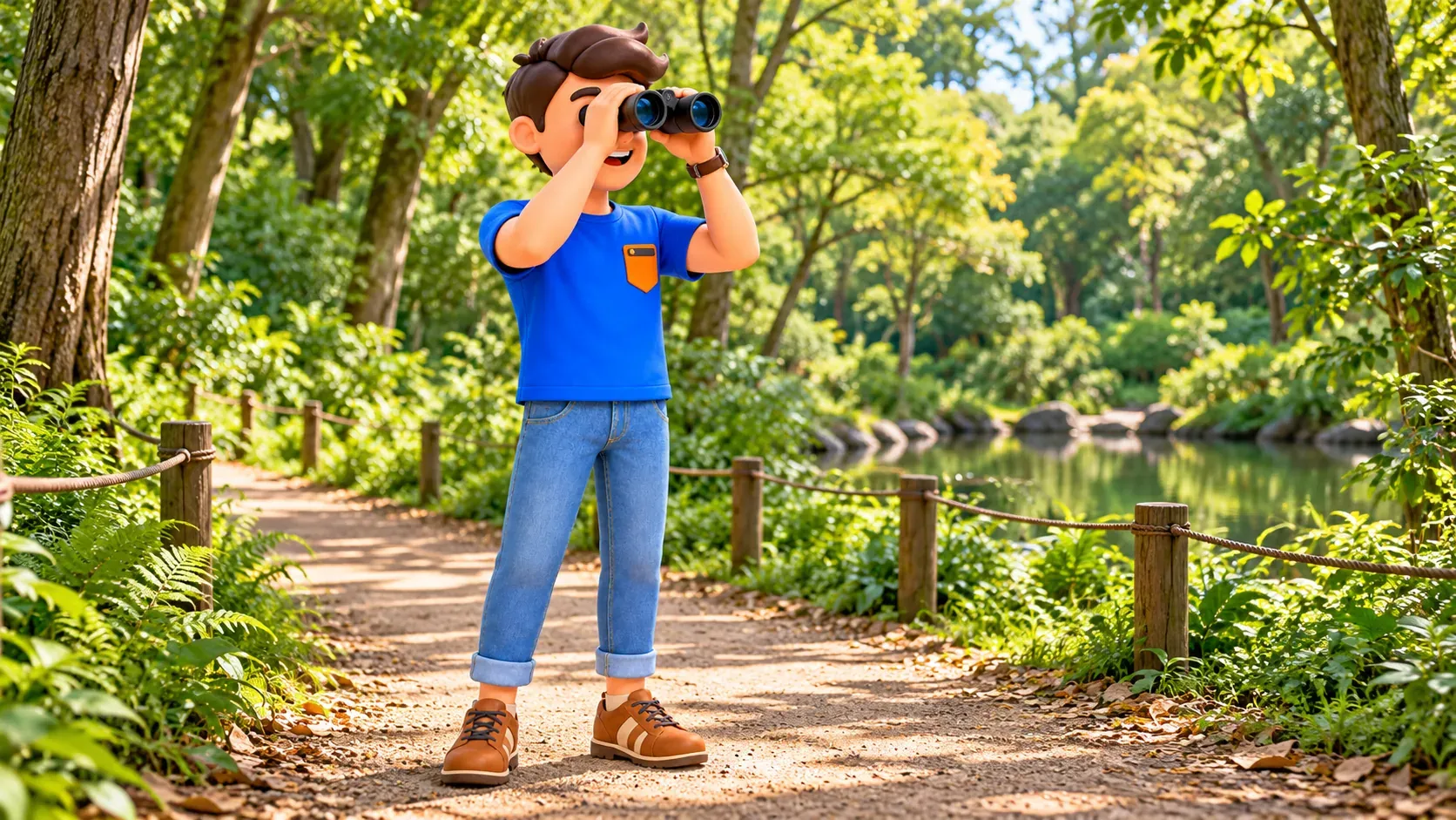 Traveler using binoculars on a permitted woodland path