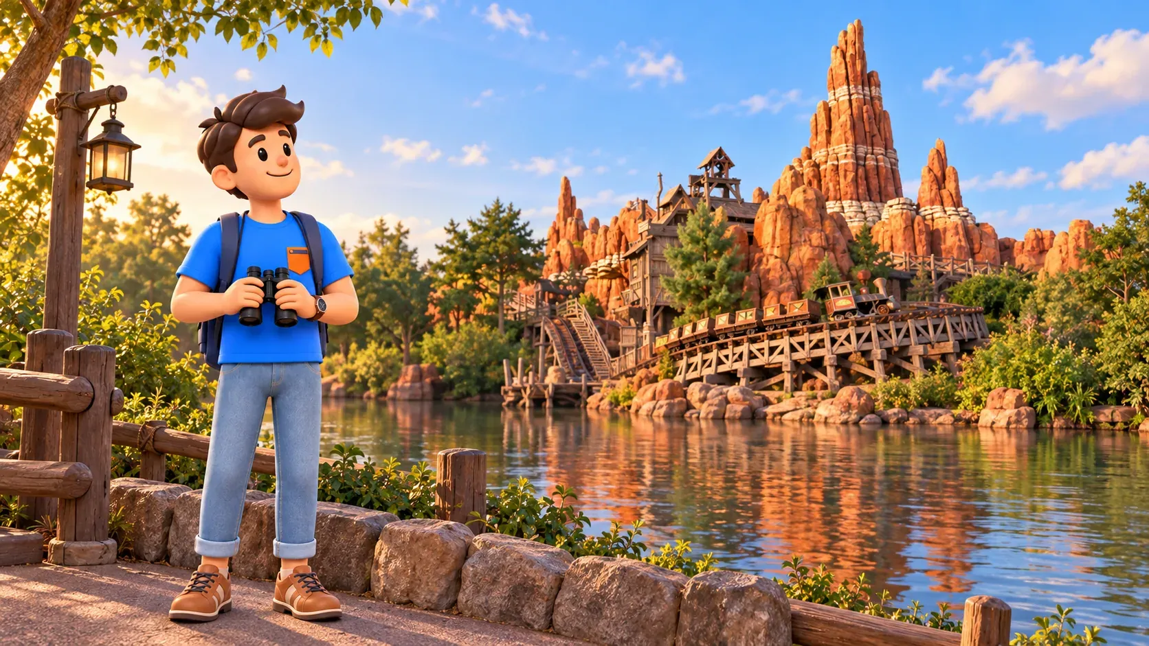 Un viajero con prismáticos frente a Big Thunder Mountain al otro lado del río