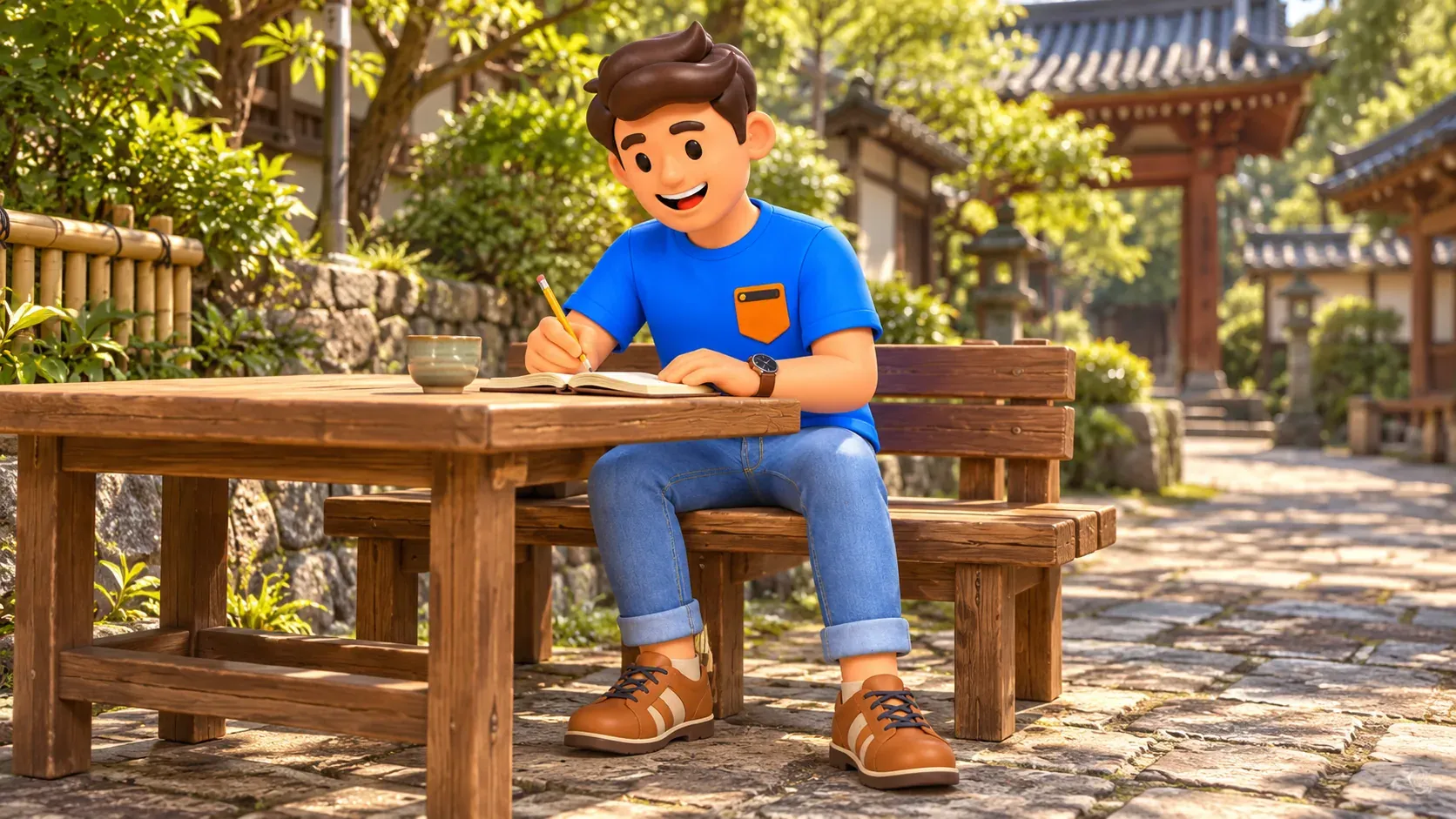 Voyageur prenant une note à une table extérieure