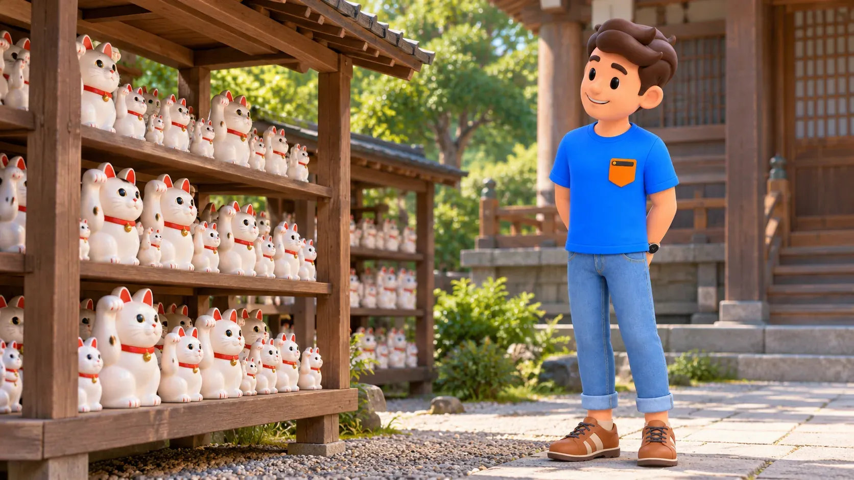 Traveler observing white votive cat figures without touching them.