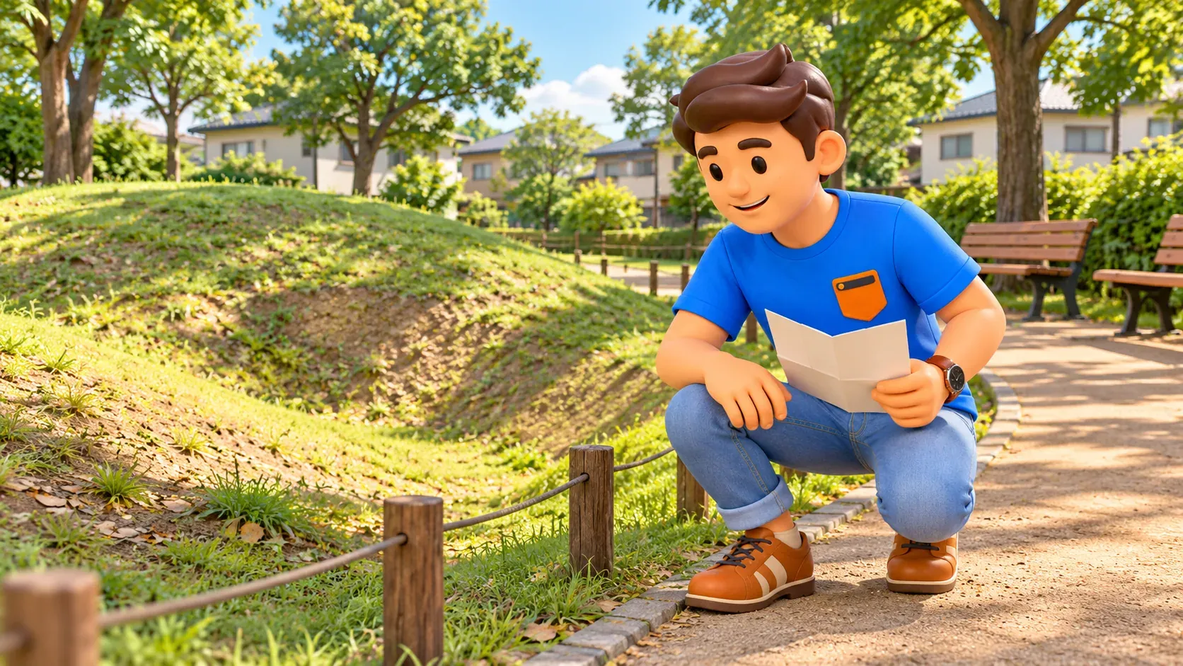 Traveler looking at a modest earthen slope in a historical park.