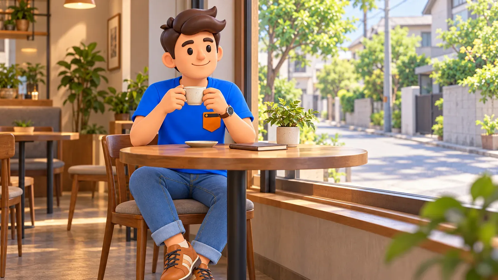 Traveler resting with a cup in a small neighbourhood cafe.